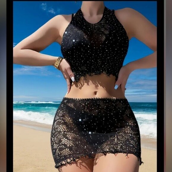 Black Two-Piece Sparkling Fishnet Crop Top & Skirt Cover Up - Picture 2 of 6